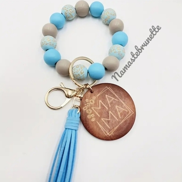 Wooden Beaded Mama Keychain Bag Charm With Blue Tassel - Picture 6 of 11